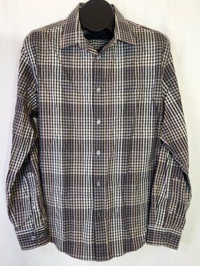 Perry Ellis Men’s Shirt Large L Gray Black Gingham Plaid Checkered Long Sleeve